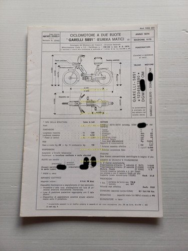 Garelli 50 Eureka Matic 1975 Facsimile originale scheda omologazione DGM