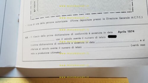 Garelli 50 Eureka Matic 1975 scheda omologazione DGM Facsimile originale
