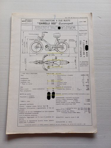 Garelli 50 Euromoped 1968 Facsimile originale scheda omologazione DGM Motorizz.