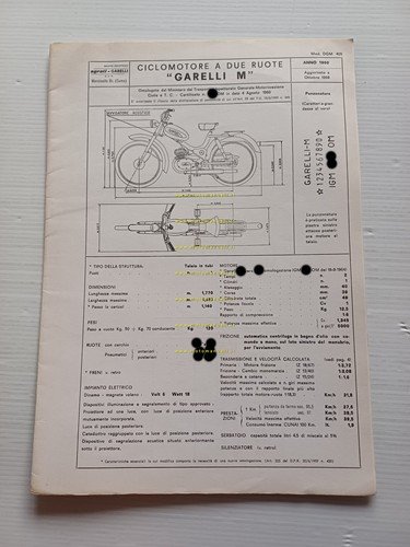 Garelli 50 M 1960 agg. 1969 Facsimile originale scheda omologazione …