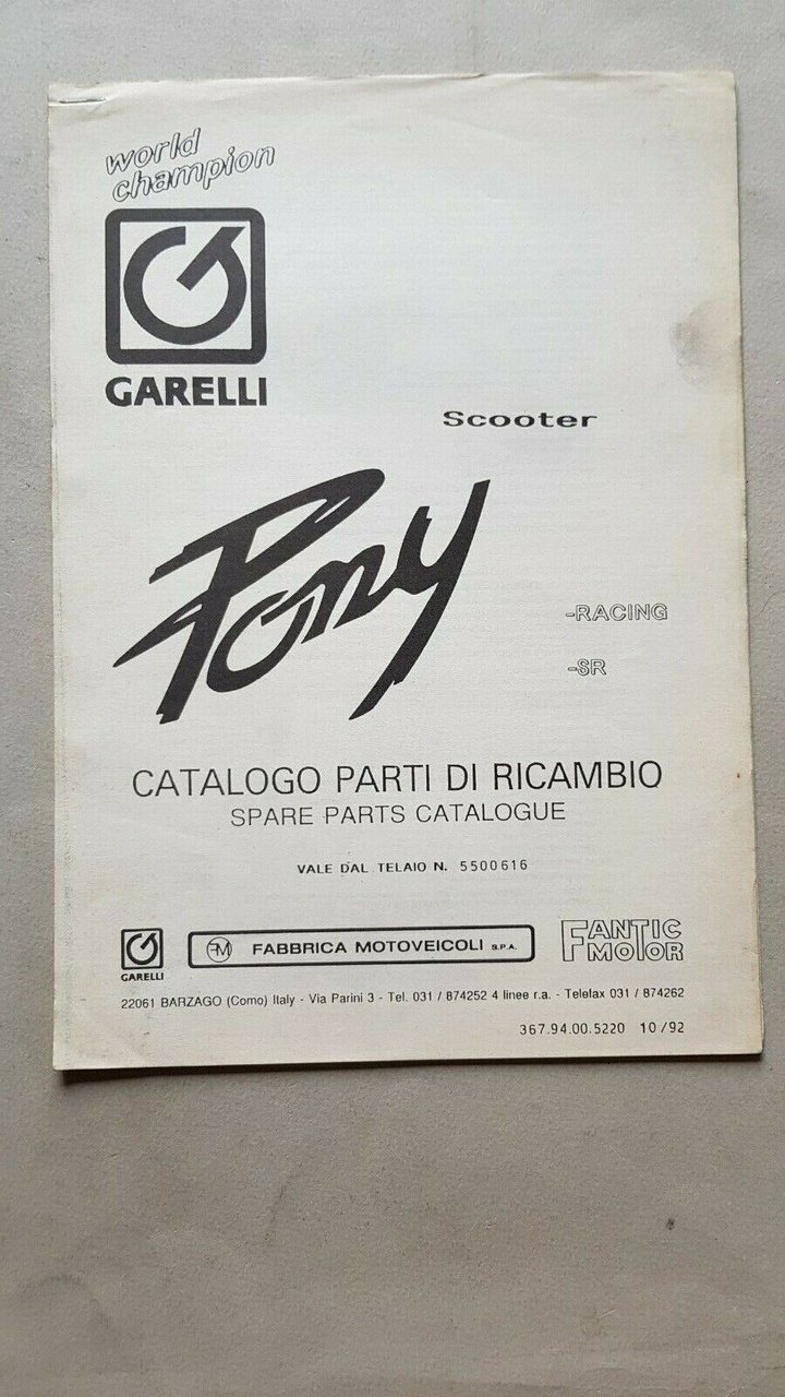 GARELLI 50 Pony SR-RACING Scooter '92 catalogo ricambi originale parts …