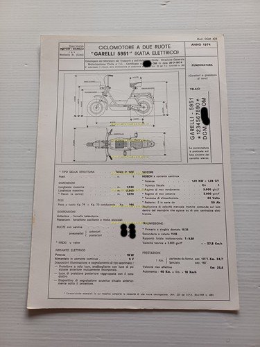 Garelli Katia Elettrico 1974 Facsimile originale scheda omologazione DGM