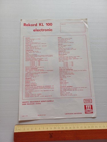 Garelli Rekord KL 100 Electronic 1975 depliant ITALIANO Inglese originale