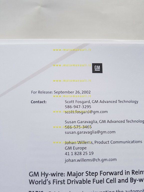 General Motors Hy-Wire Hydrogen 2002 cartella stampa originale press kit