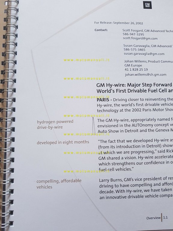 General Motors Hy-Wire Hydrogen 2002 cartella stampa originale press kit