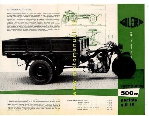 Gilera 500 Mercurio Motocarro depliant originale epoca brochure