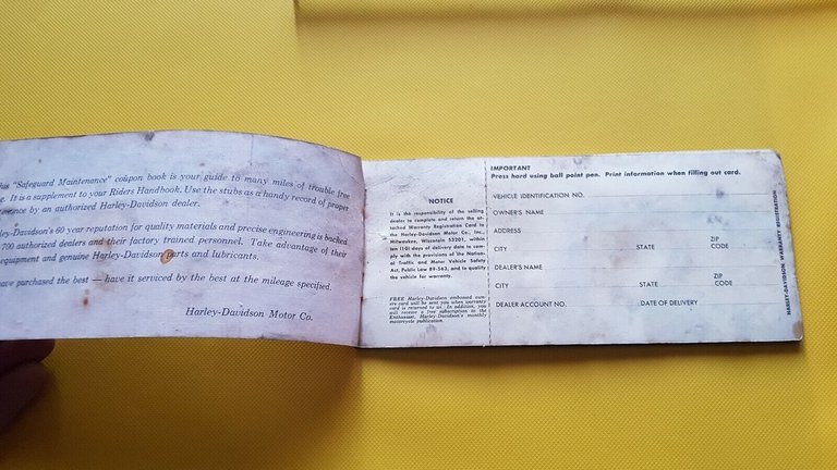 Harley Davidson libretto garanzia nuovo anni '70 originale no depliant …