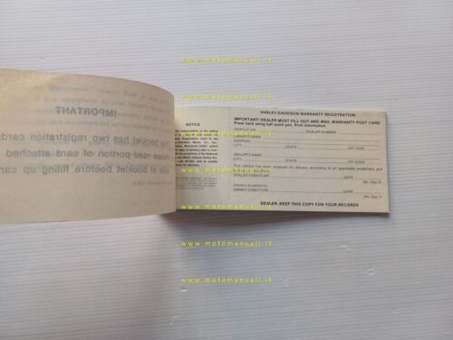 Harley-Davidson libretto garanzia originale nuovo anni 70