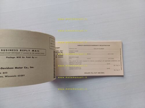 Harley-Davidson libretto garanzia originale nuovo anni 70