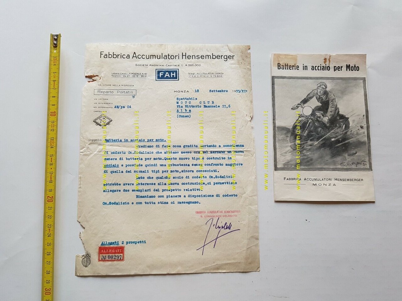 Hensemberger batterie in acciao per moto 1933 depliant originale anteguerra