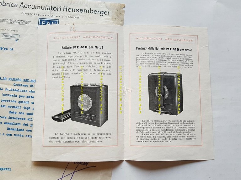 Hensemberger batterie in acciao per moto 1933 depliant originale anteguerra