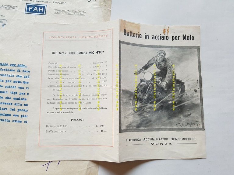 Hensemberger batterie in acciao per moto 1933 depliant originale anteguerra