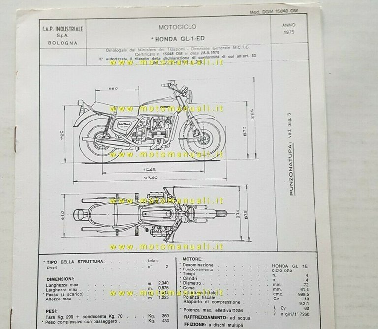 Honda 1000 Gold Wing 1975 scheda omologazione DGM originale Motorizzazione