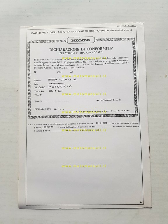 Honda 1000 Gold Wing 1975 scheda omologazione DGM originale Motorizzazione