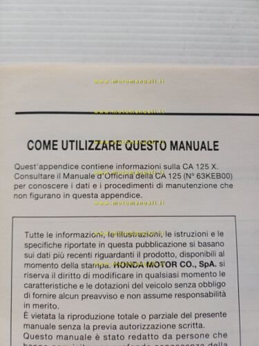 Honda CA 125 VARIANTI manuale officina ITALIANO originale