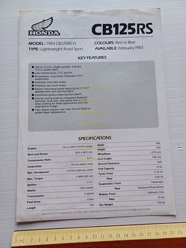 Honda CB 125 RS 1983 depliant INGLESE originale