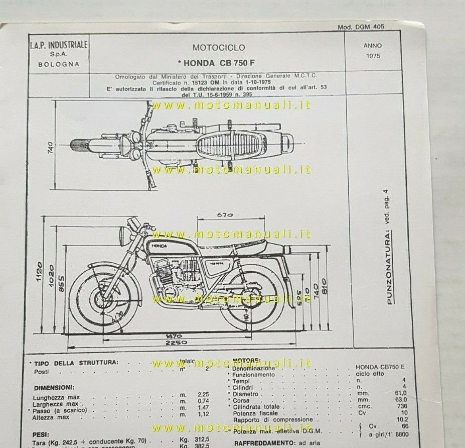 Honda CB 750 F Supersport 1975 scheda omologazione DGM originale …