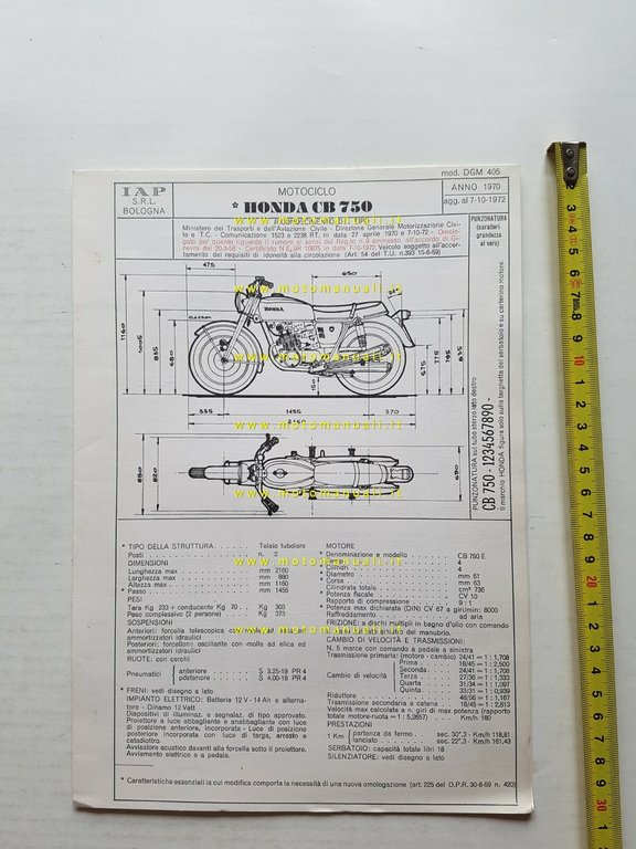 HONDA CB 750 Four 1970 agg.1972 scheda omologazione DGM originale …