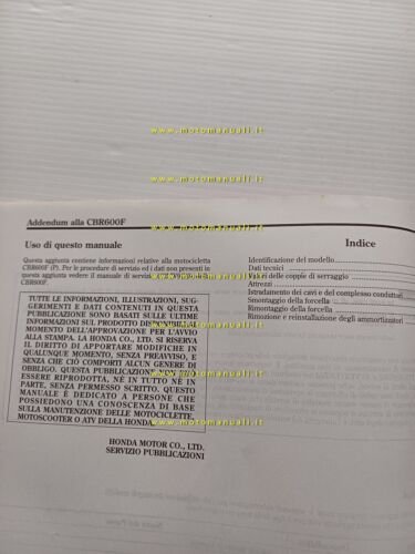 Honda CBR 600 F 1992 aggiornamento SUPPLEMENTO manuale officina originale