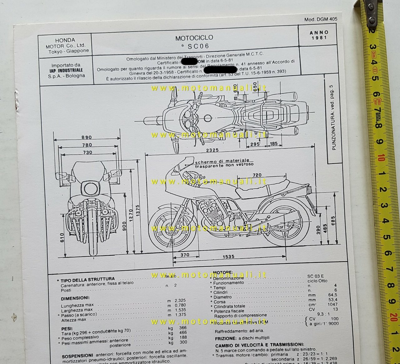 Honda CBX 1000 Pro-Link 1981 facsimile scheda omologazione DGM Motorizzazione