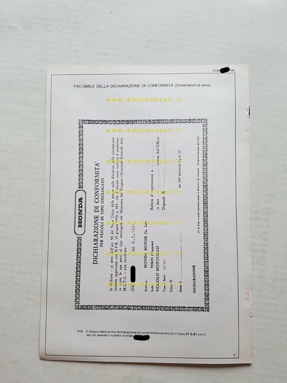 Honda CBX 1000 Pro-Link 1981 facsimile scheda omologazione DGM Motorizzazione