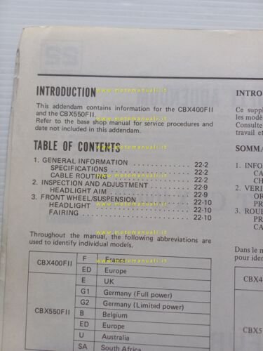 Honda CBX 400-550 F II 1982 aggiornamento SUPPLEMENTO manuale officina …