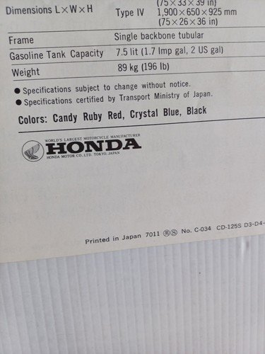 Honda CD 125 S 1970 depliant originale inglese