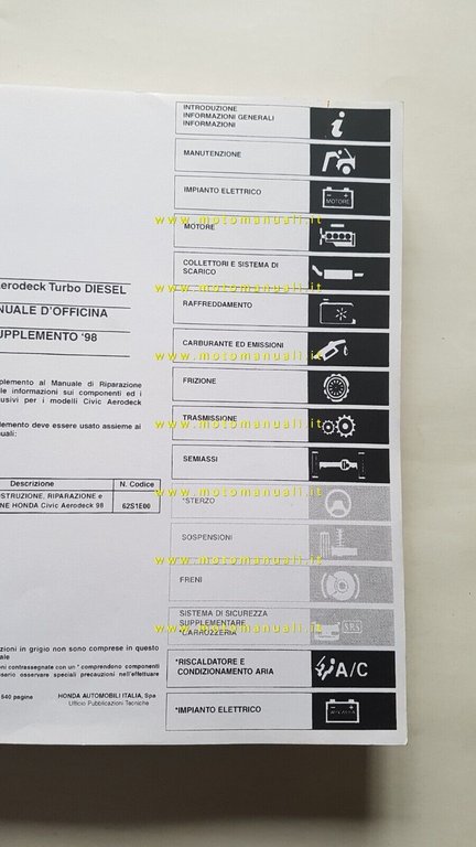 HONDA CIVIC Aero Deck Turbo D. 1998 SUPPLEMENTO manuale officina …
