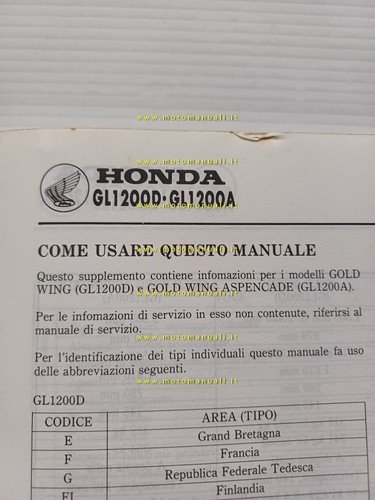 Honda GL 1200 1200 A 1986 aggiornamento SUPPLEMENTO manuale officina …