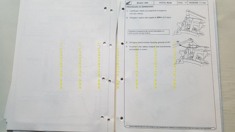 HONDA RVF 750 RC 45 1994 opuscolo aggiornamento per meccanici …