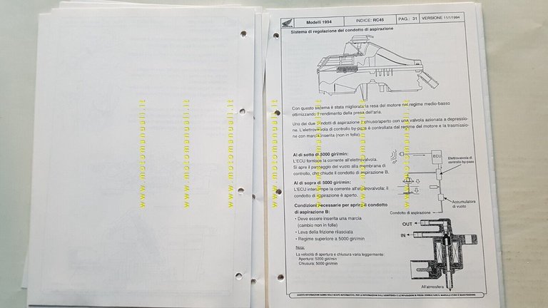 HONDA RVF 750 RC 45 1994 opuscolo aggiornamento per meccanici …