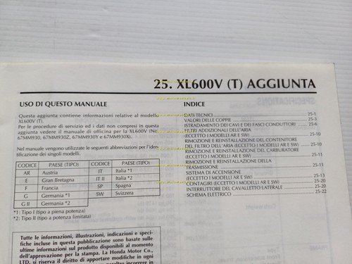 Honda Transalp XL 600 V VARIANTI 1995 manuale officina ITALIANO …