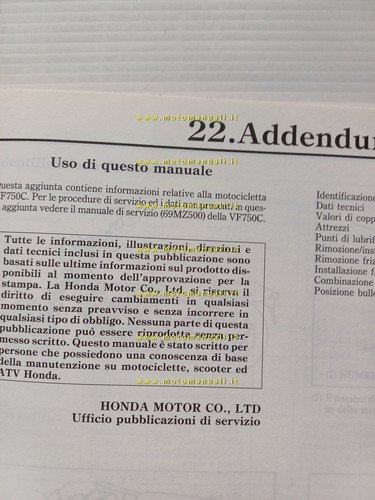 Honda VF 750 C VARIANTI 1994 manuale officina ITALIANO originale