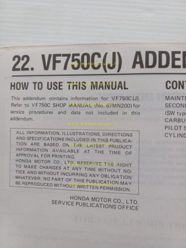 Honda VF 750 Custom 1988 aggiornamento SUPPLEMENTO manuale officina originale