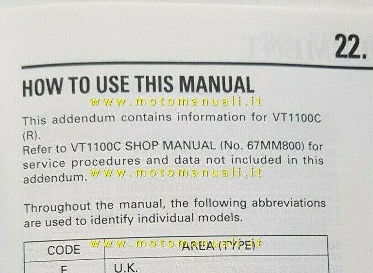Honda VT 1100 C 1993 varianti SUPPLEMENTO manuale officina originali