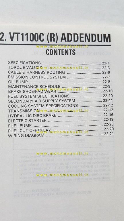 Honda VT 1100 C 1993 varianti SUPPLEMENTO manuale officina originali