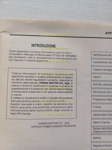 Honda VT 125 C1 VARIANTI 2000 manuale officina ITALIANO originale