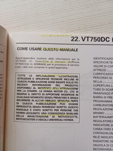 Honda VT 750 C1 VARIANTI 2000 manuale officina ITALIANO originale
