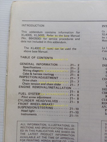 Honda XL 500 - 400 R 1981 aggiornamento SUPPLEMENTO manuale …