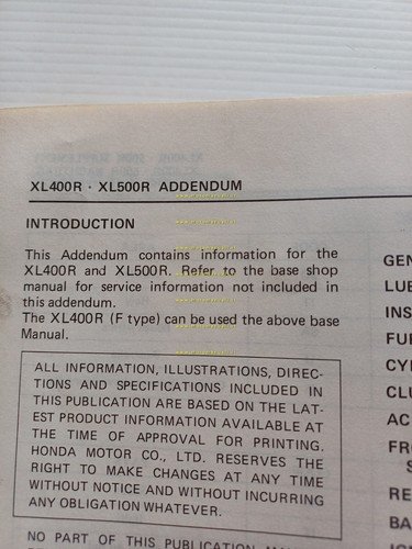 Honda XL 500 - 400 R 1982 aggiornamento SUPPLEMENTO manuale …