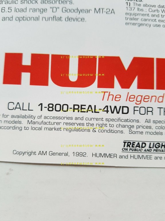 HUMMER fuoristrada modelli 1992 depliant USA originale