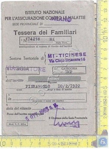 INAM - Istituto Nazionale Assicurazione Malattie - Tessera dei Familiari …