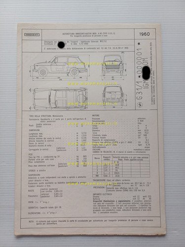 Innocenti Austin A 40 1960 scheda omologazione DGM Motorizzazione Facsimile