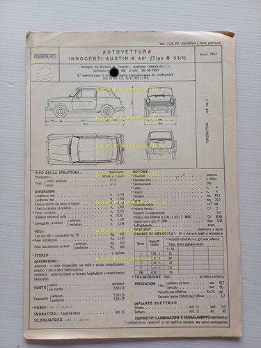 Innocenti Austin A 40 1961 scheda omologazione DGM Motorizzazione Facsimile