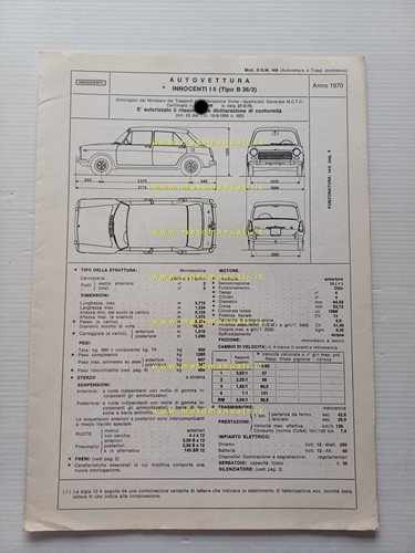 Innocenti I 5 1970 scheda omologazione DGM Motorizzazione Facsimile