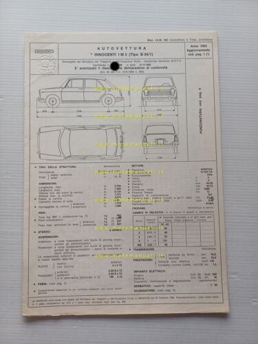 Innocenti I M 3 1963 scheda omologazione DGM Motorizzazione Facsimile