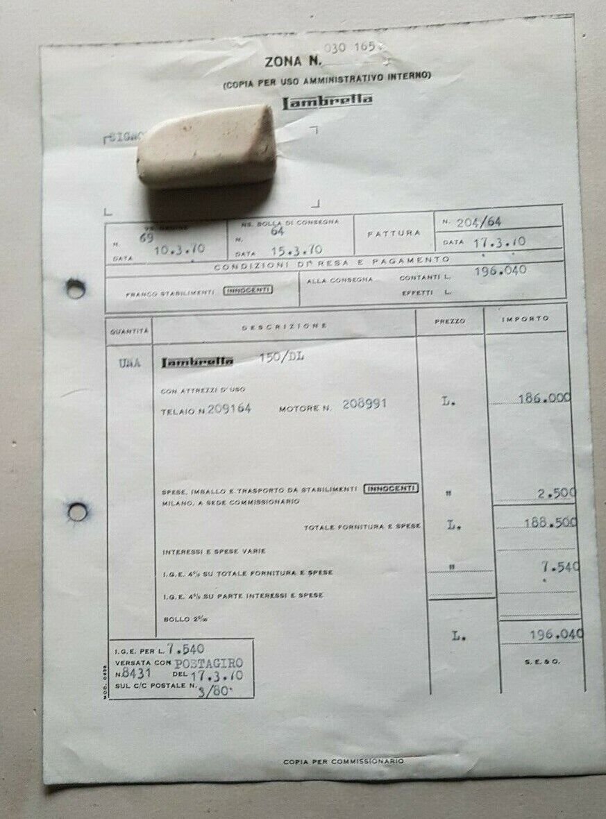Innocenti Lambretta 150 DL Scooter 1970 fattura acquisto originale no …