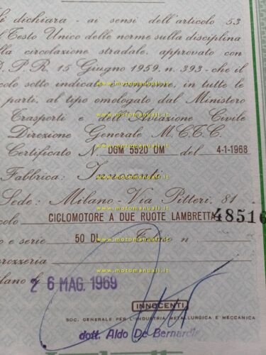 Innocenti Lambretta 50 DL 1969 certificato d'origine originale