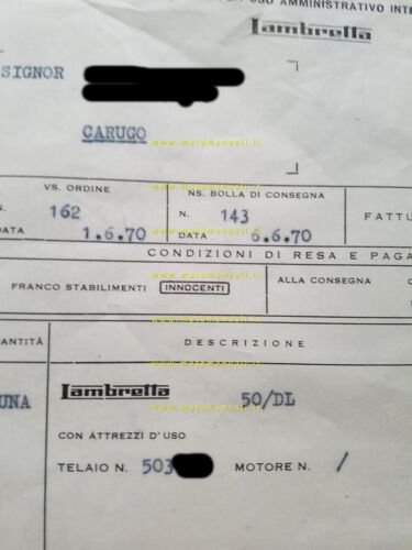 Innocenti Lambretta 50 DL 1970 fattura acquisto originale