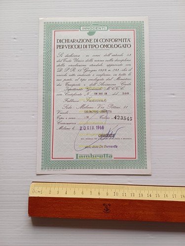 Innocenti Lambretta J50 1966 certificato d'origine originale